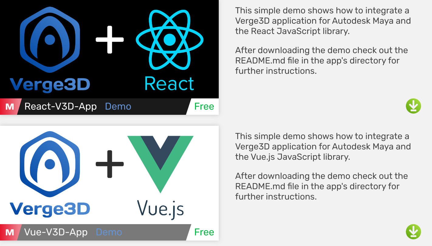 react and vue.js examples in verge3d asset store - maya version
