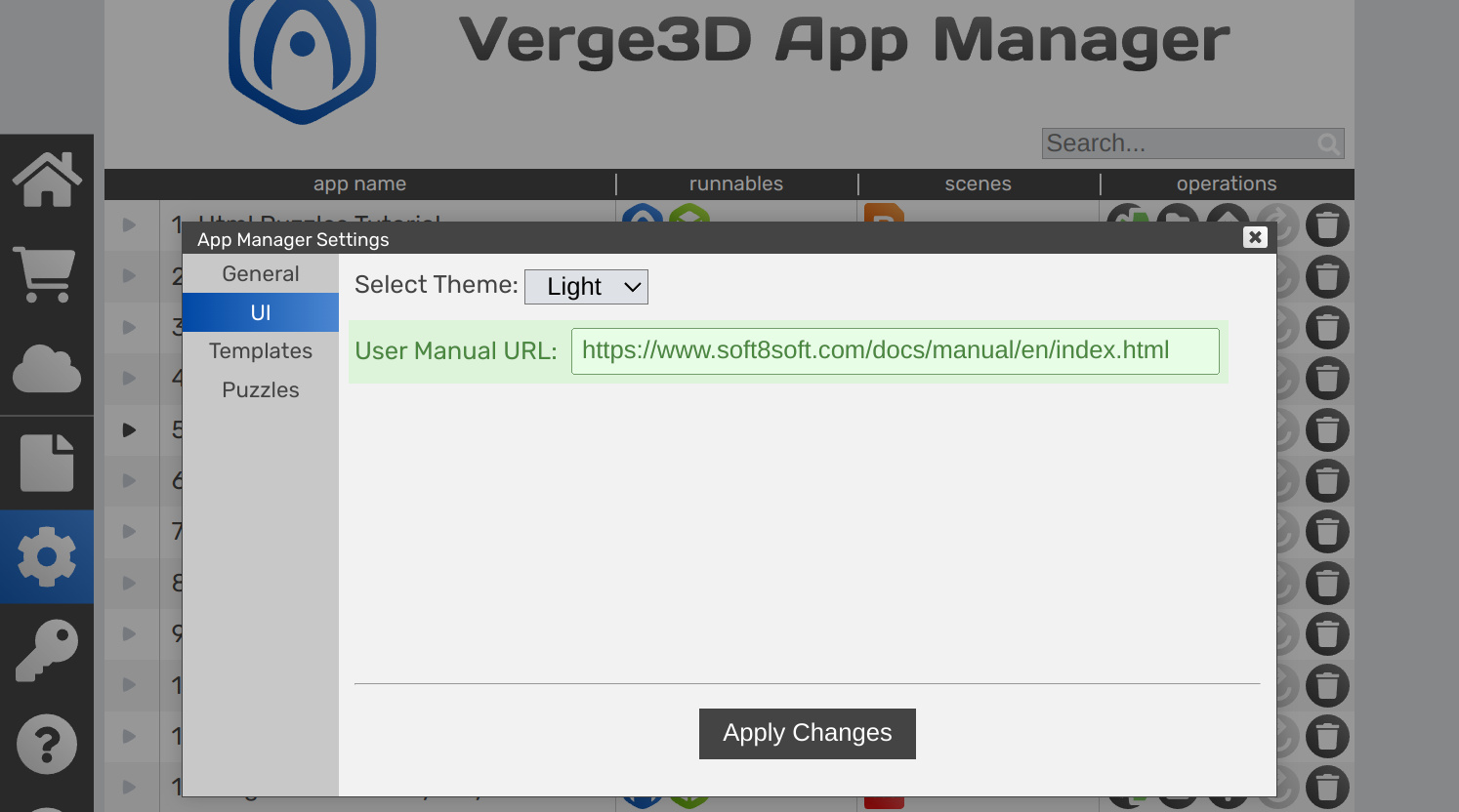 settings to set custom user manual URLin the app manager  (Verge3D for Blender)