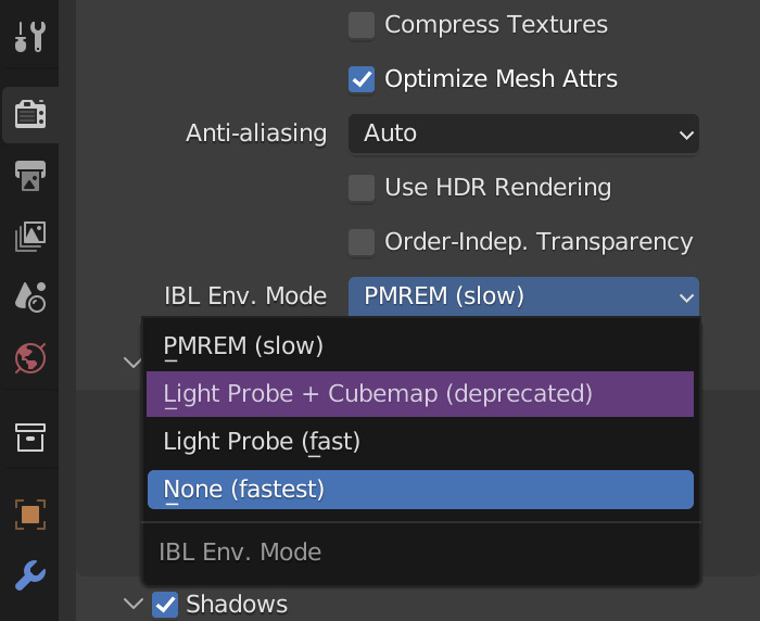 blender settings for Image-Based Lighting (Verge3D for Blender)