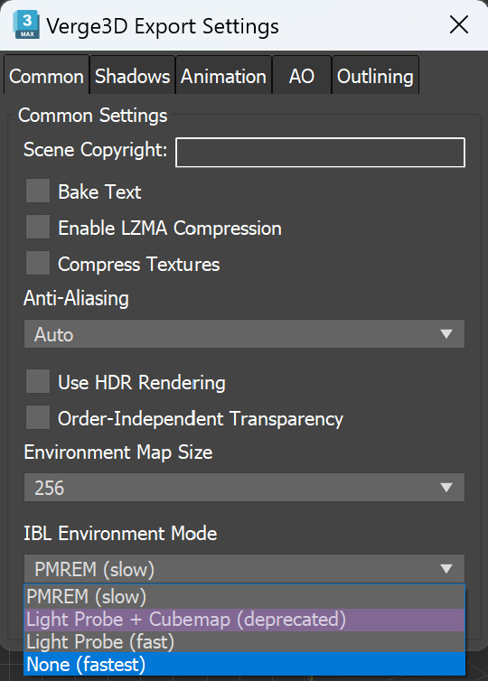 3ds max settings for Image-Based Lighting (Verge3D)