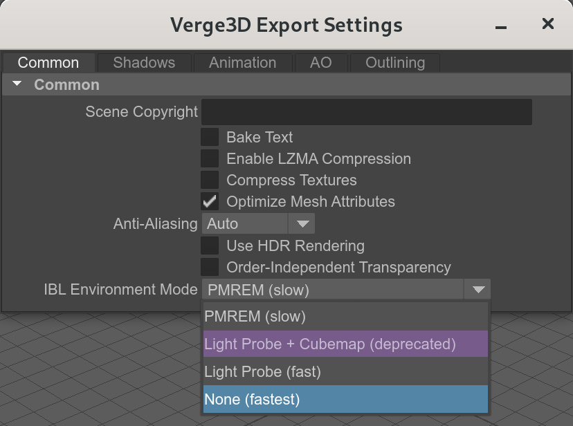 maya settings for Image-Based Lighting (Verge3D)