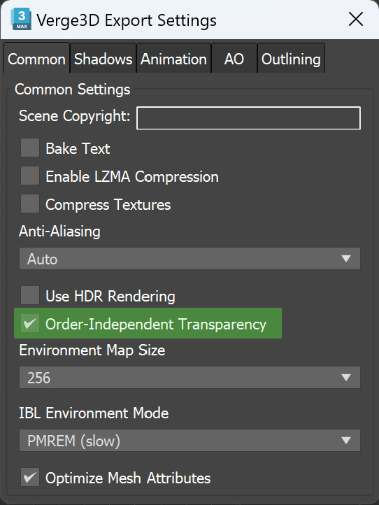 3ds max settings to enable Order-Independent Transparency technique example (Verge3D)