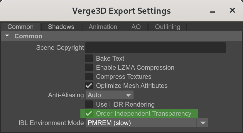 maya settings to enable Order-Independent Transparency technique example (Verge3D)