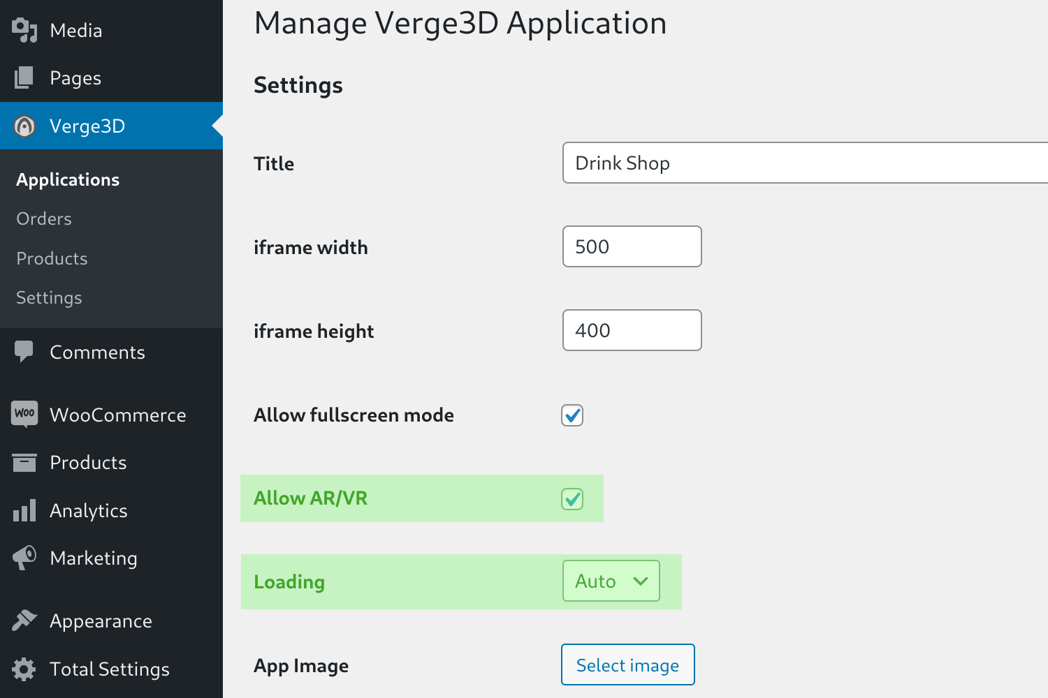 wordpress plugin settings to allow ar/vr and lazy loading of 3d web apps (Verge3D for Blender)