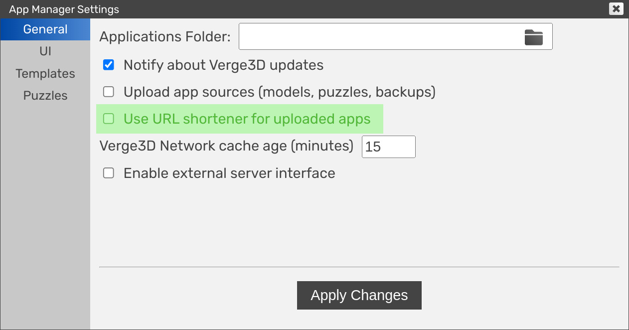 Verge3D-3ds Max: App Manager - use URL shortener setting