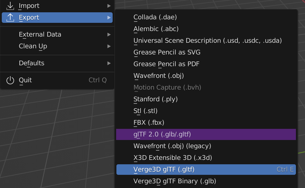 Verge3D-Blender: gltf exporter menu option