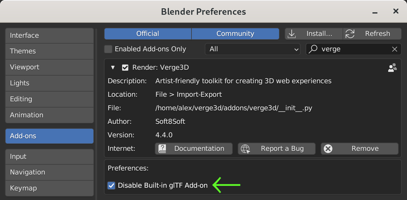 Verge3D-Blender: gltf exporter menu option - disable