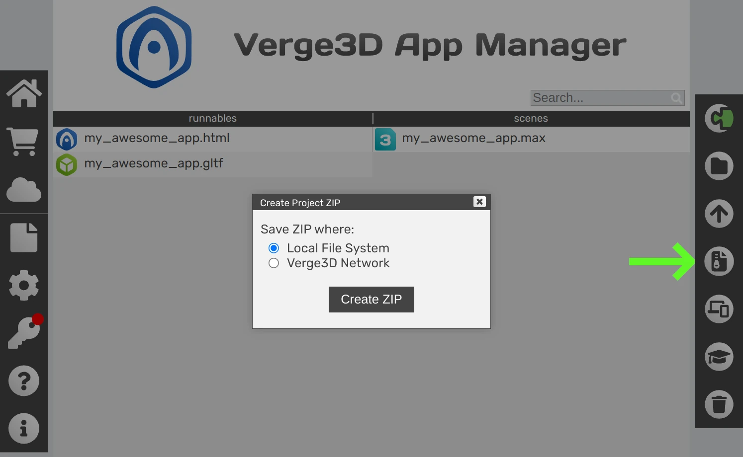 Verge3D-3ds Max: App Manager - save project zip