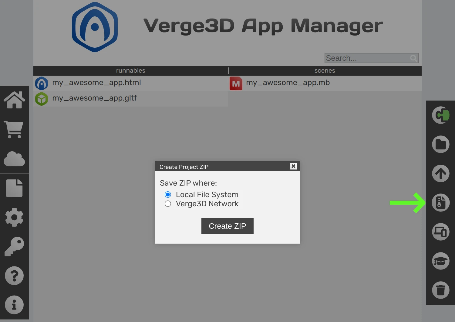 Verge3D-Maya: App Manager - save project zip