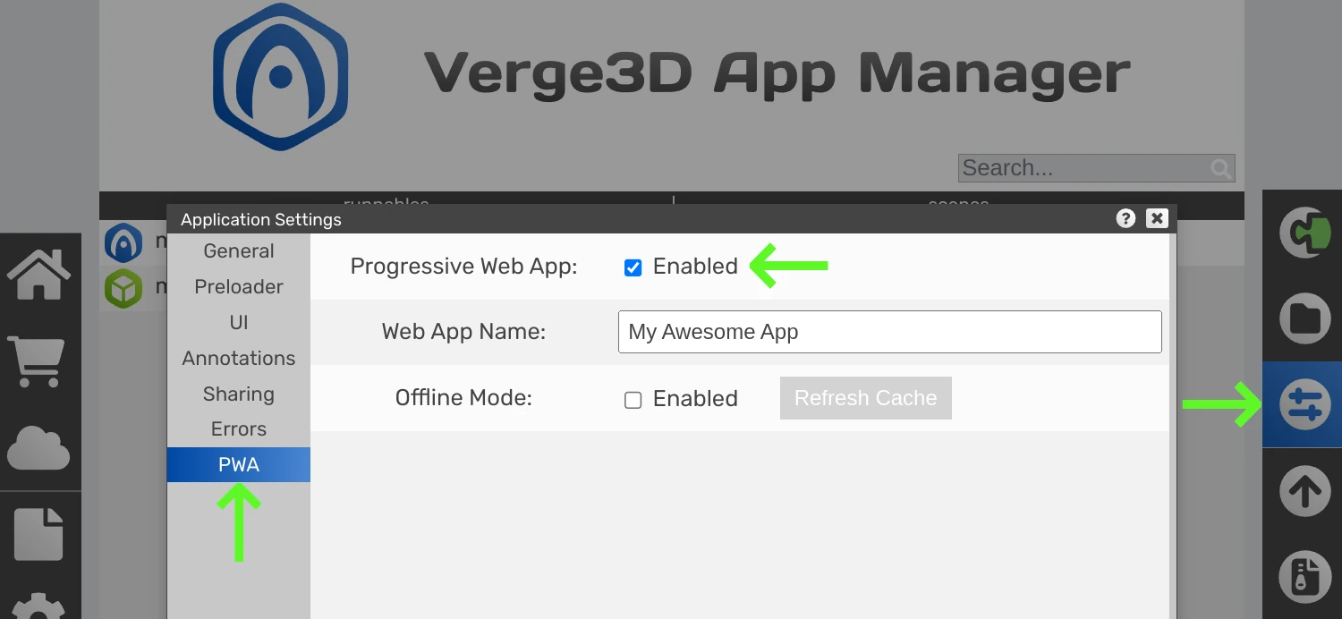 Verge3D for Blender: enabling PWA in the App Manager