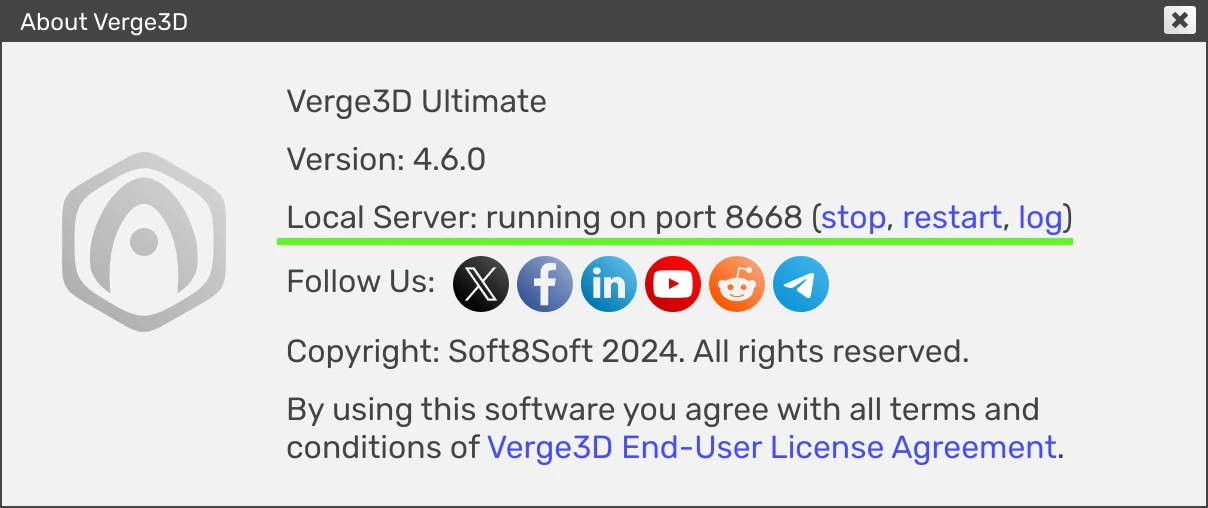 Verge3D for Blender: local server info